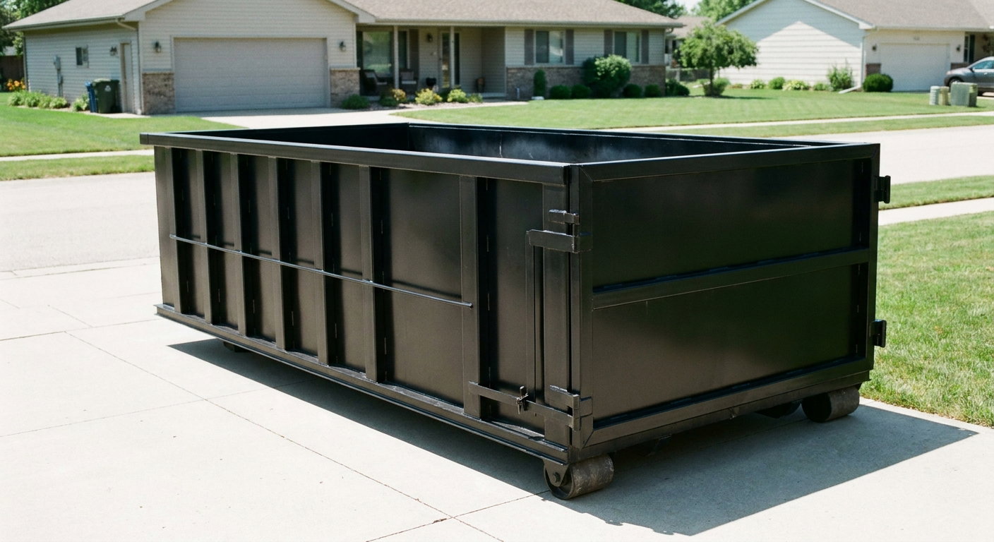Matte-black 10-yard roll-off dumpster on a residential concrete driveway in Pembroke Pines, uniformly painted matte black across every panel and rail, ribbed steel sidewalls and rear swing door visible, mid-day daylight.