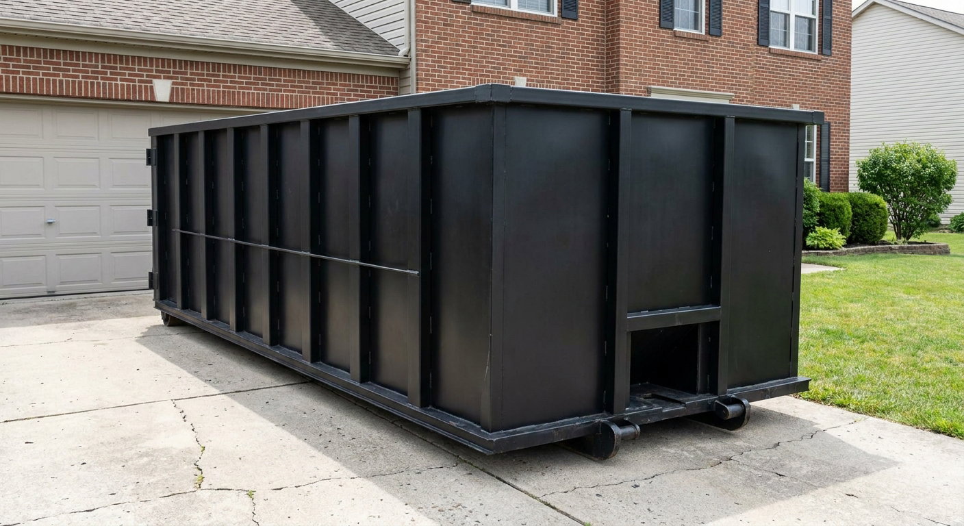 Matte-black 20-yard roll-off container on a Pembroke Pines residential concrete driveway with reinforced ribbed steel sidewalls and a hinged rear walk-in door, clean bright daylight.