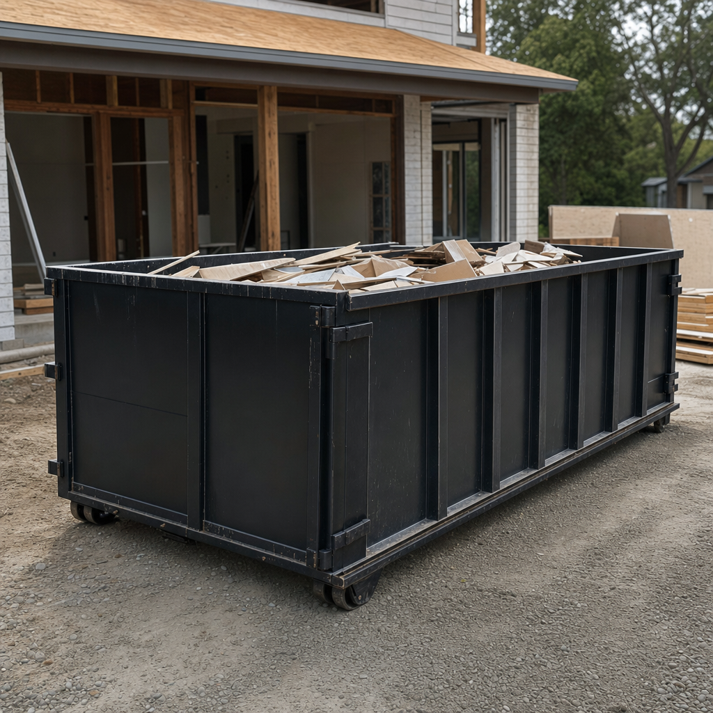 Large matte-black 30-yard construction roll-off dumpster at an active Pembroke Pines jobsite, steel-gray top rails and bottom rollers visible, loaded with construction debris.