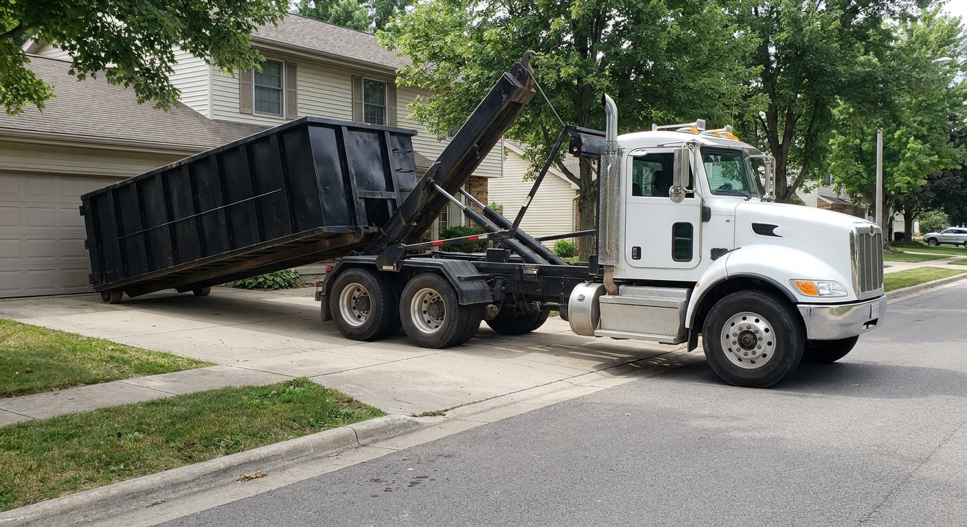 White-cab hooklift roll-off truck actively lowering a matte-black dumpster onto a Pembroke Pines residential concrete driveway, the dumpster's rear wheels touching the driveway as the hoist arm tilts the bed forward, mid-morning daylight.